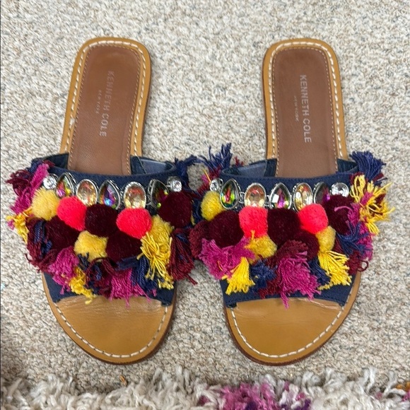Kenneth Cole Shoes - Kenneth Cole Women's Multicolor Pom Pom & Rhinestone Slide Sandals